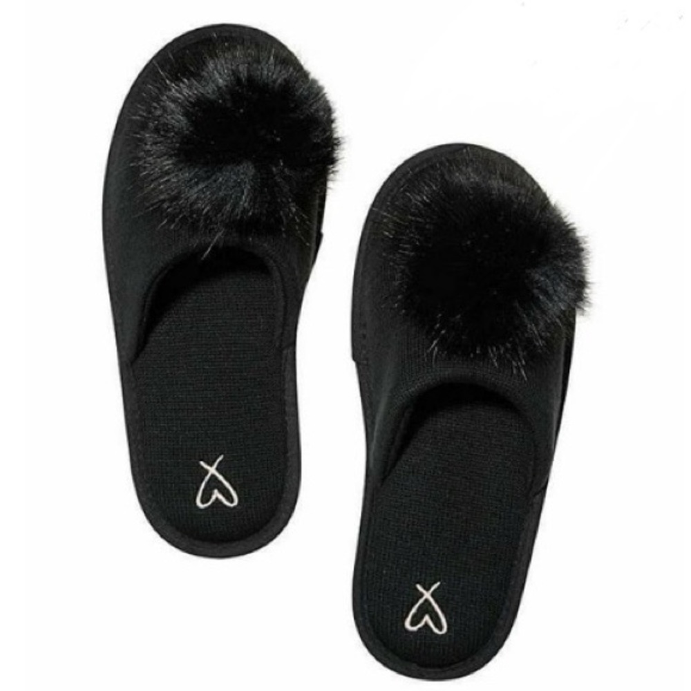 Victoria's Secret Sleep Pom-Pom Pretty Slippers Black Small (5/6) NWOT